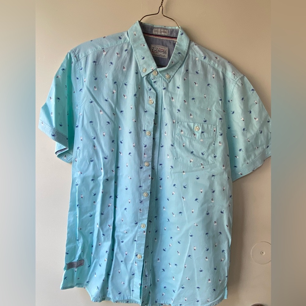 VTG Men’s 7 diamonds Palm Tree Seafoam Green Short Sleeve Button Up Shirt Medium